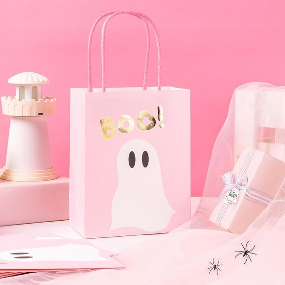 WRAPAHOLIC 12 Pack 7" Small Halloween Kraft Paper Gift Bags - Gold Foil Boo and - Picture 4 of 7